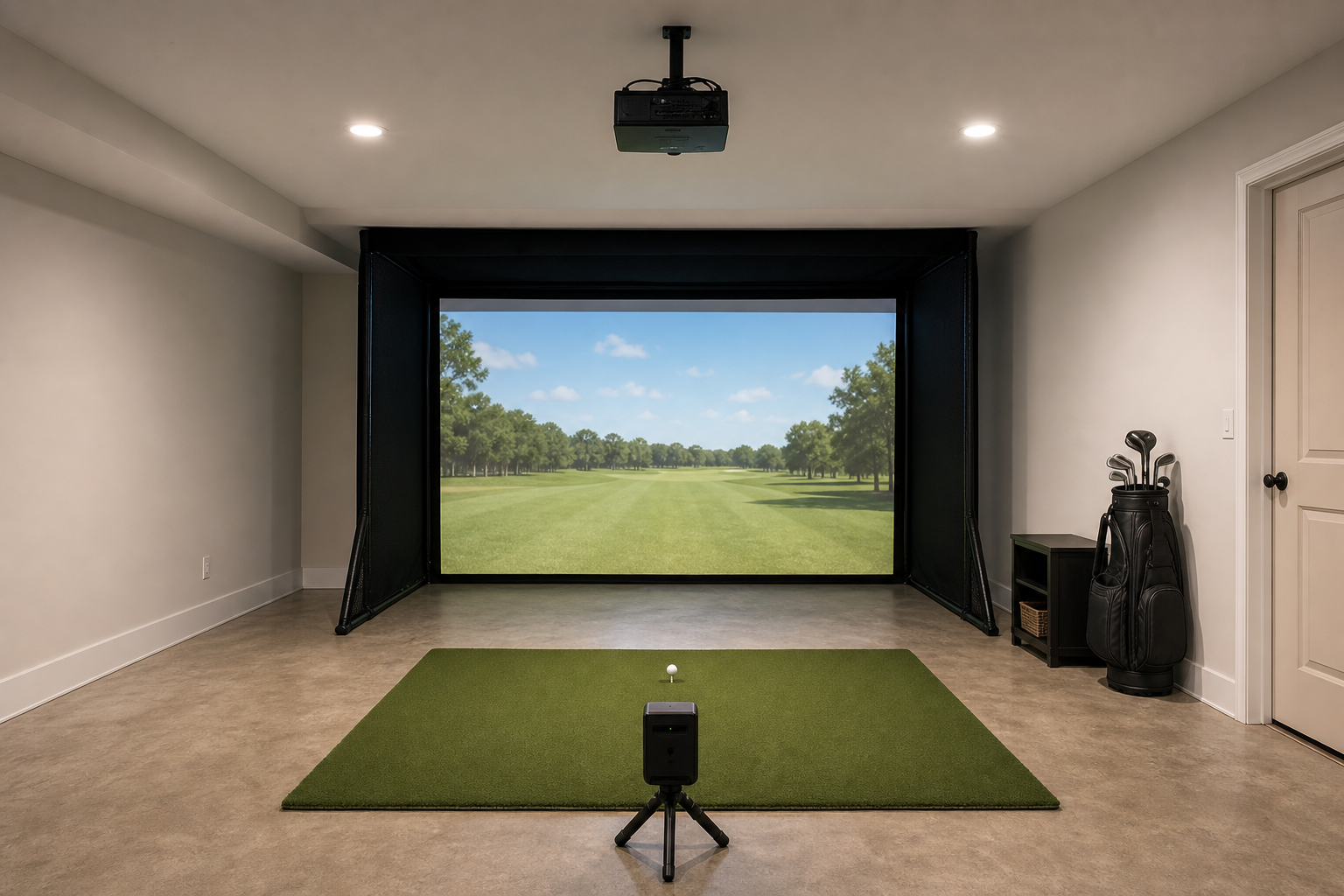 Photoreal AI render of a Basement · Dedicated build simulator build